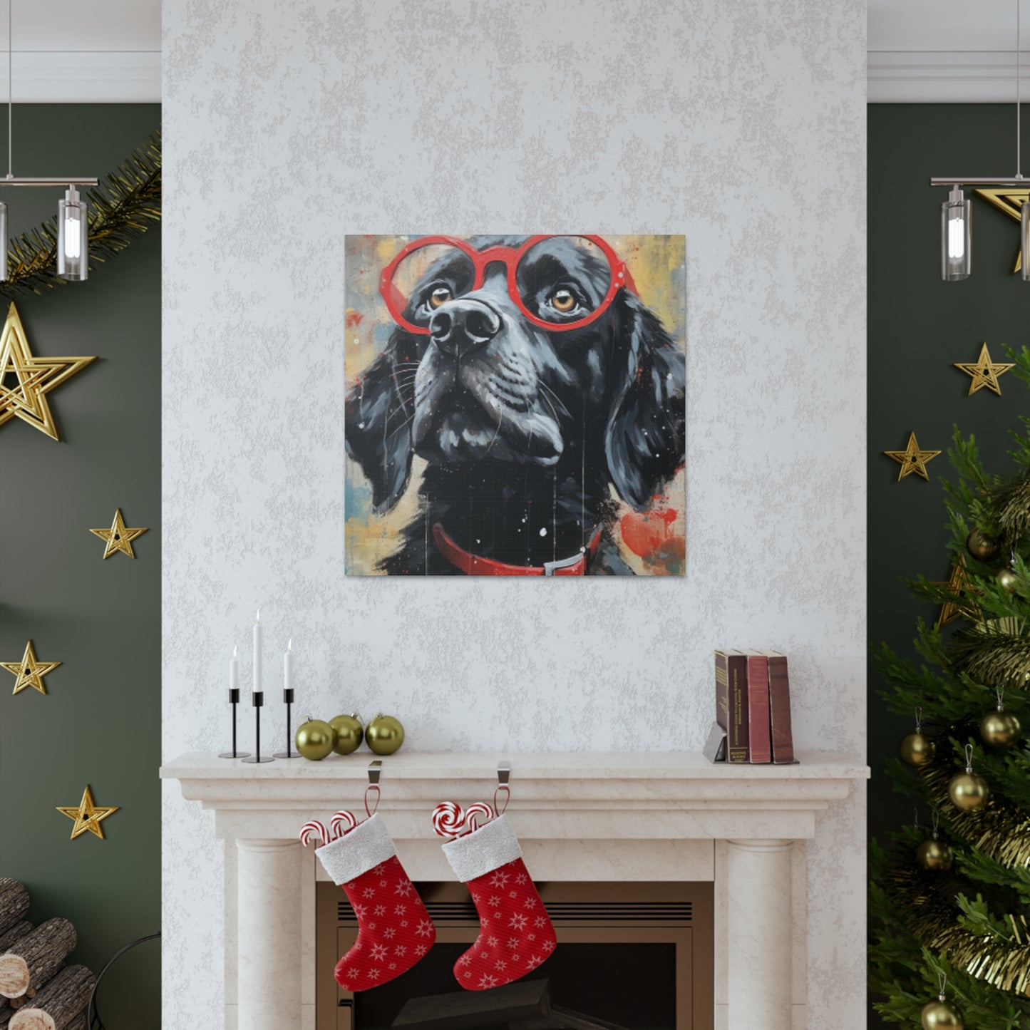Black Dog In Red Glasses And Red Collar - Large Wall Art