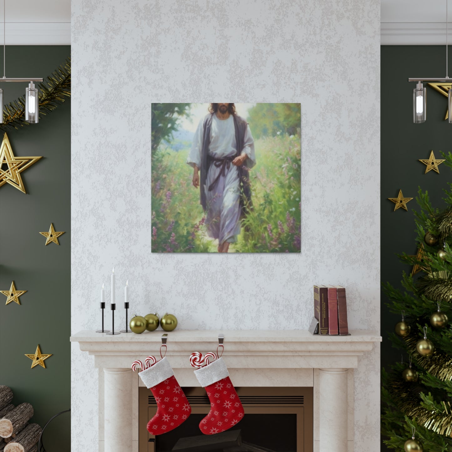 Jesus Taking A Heavenly Walk Through Wildflowers - Large Wall Art