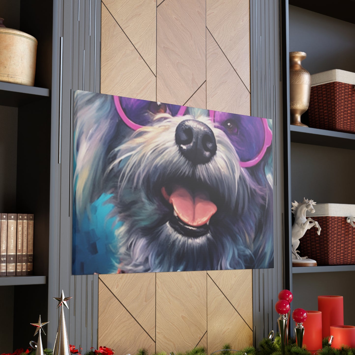 Happy Dog With Big Purple Glasses - Large Wall Art