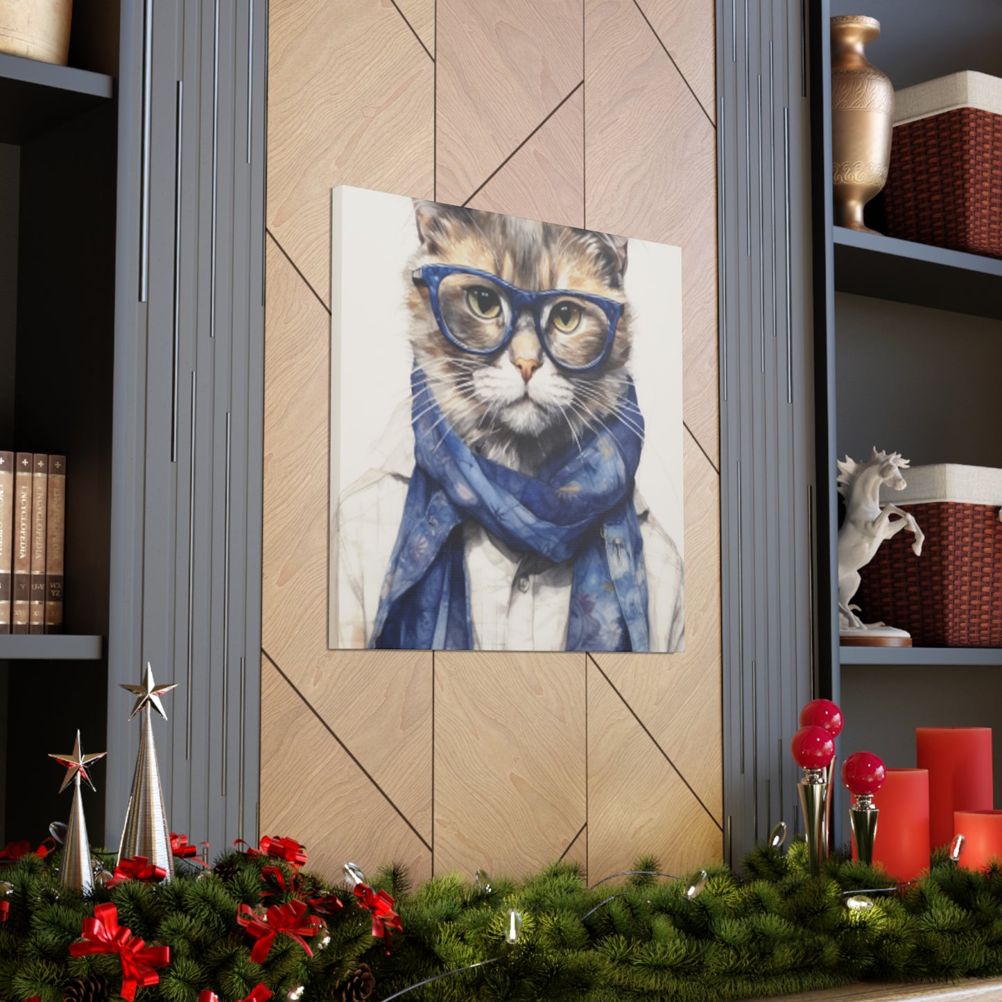Gray Kitty, Blue Glasses And Scarf - Large Wall Art