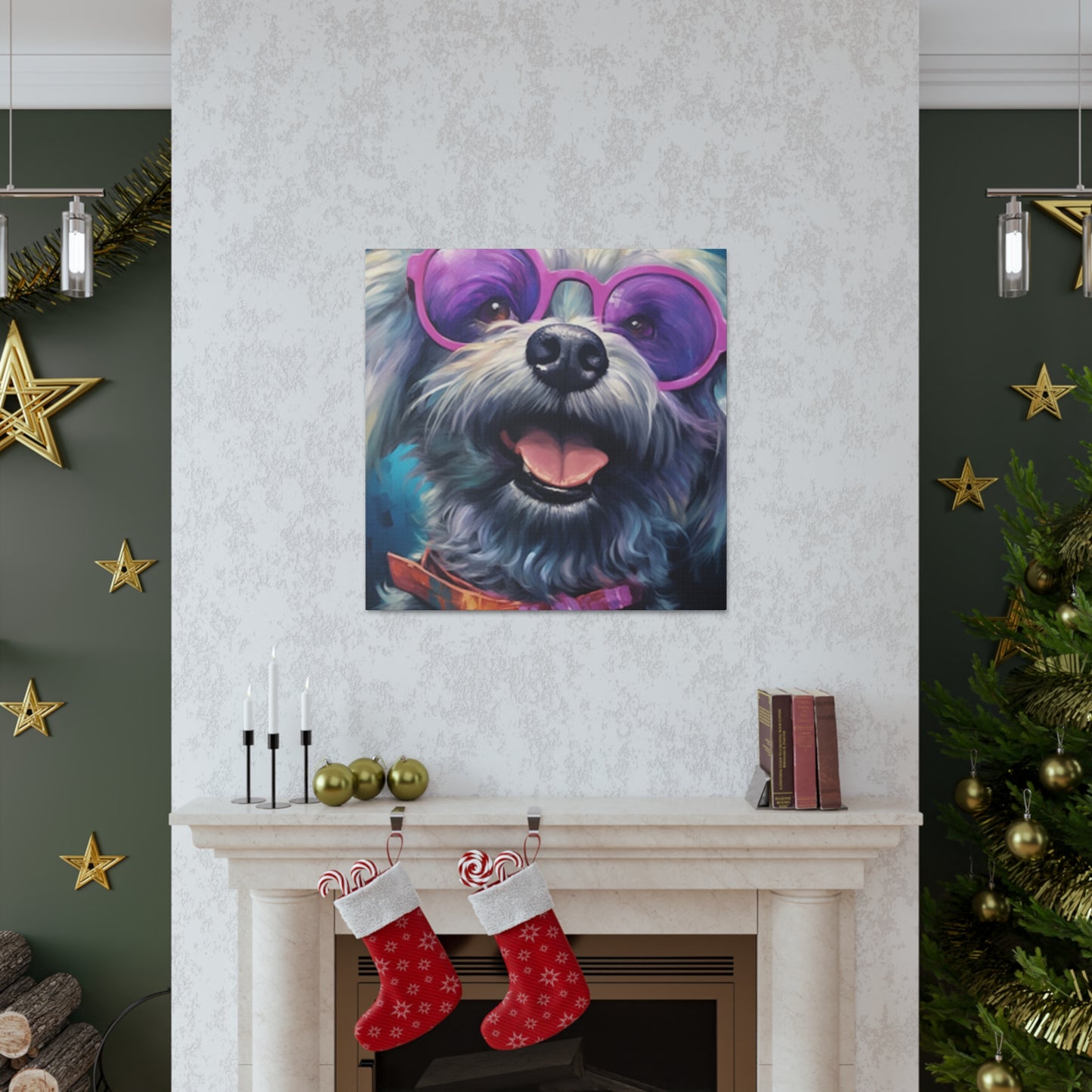 Happy Dog With Big Purple Glasses - Large Wall Art