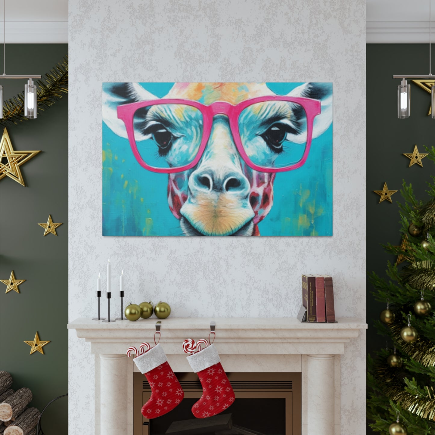 Happy Giraffe In Big Pink Glasses With Bright Blue Background - Large Wall Art