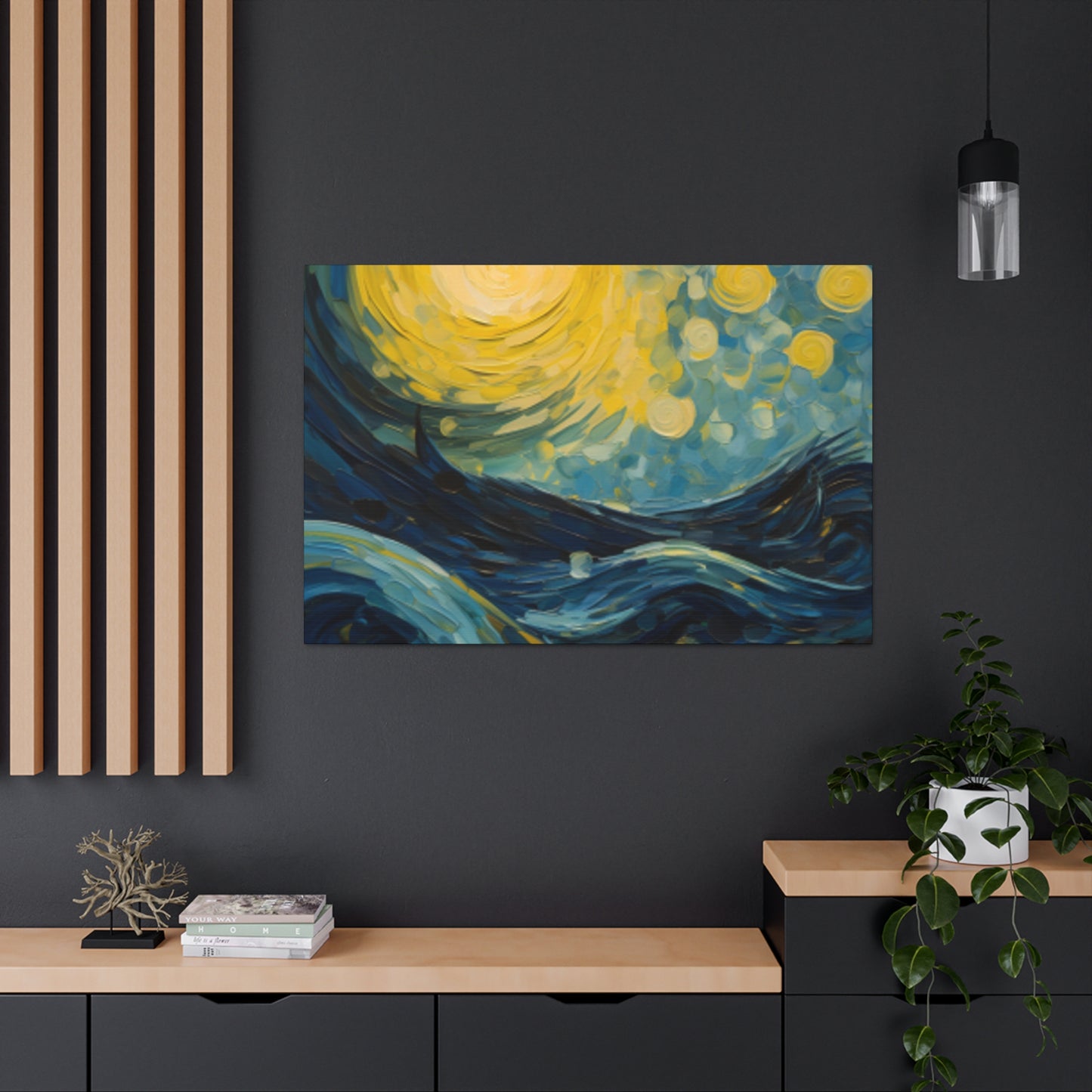 Waves And Full Moon Starry Night Style- Large Wall Art