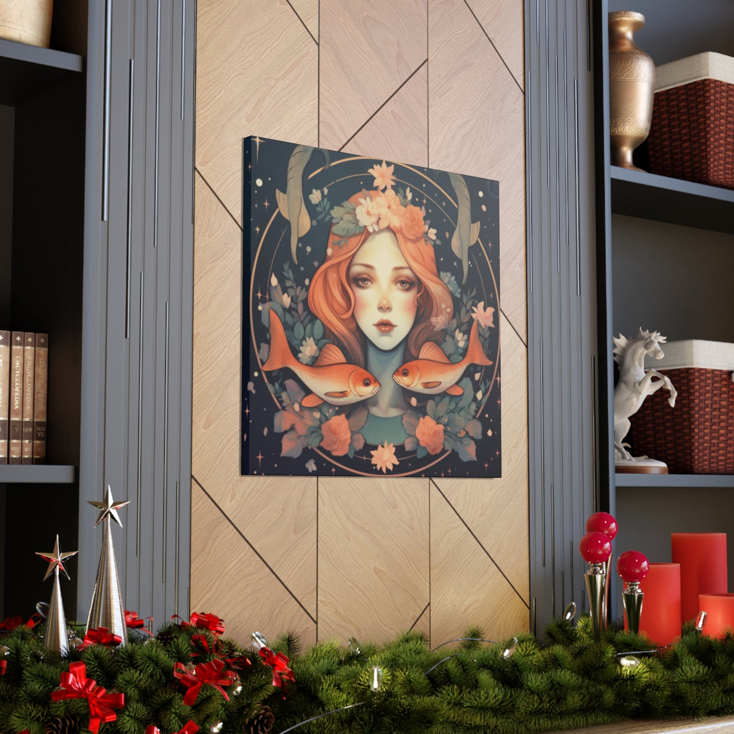 Lofi, Peaceful Pisces Fish Girl With Flowers - Large Wall Art