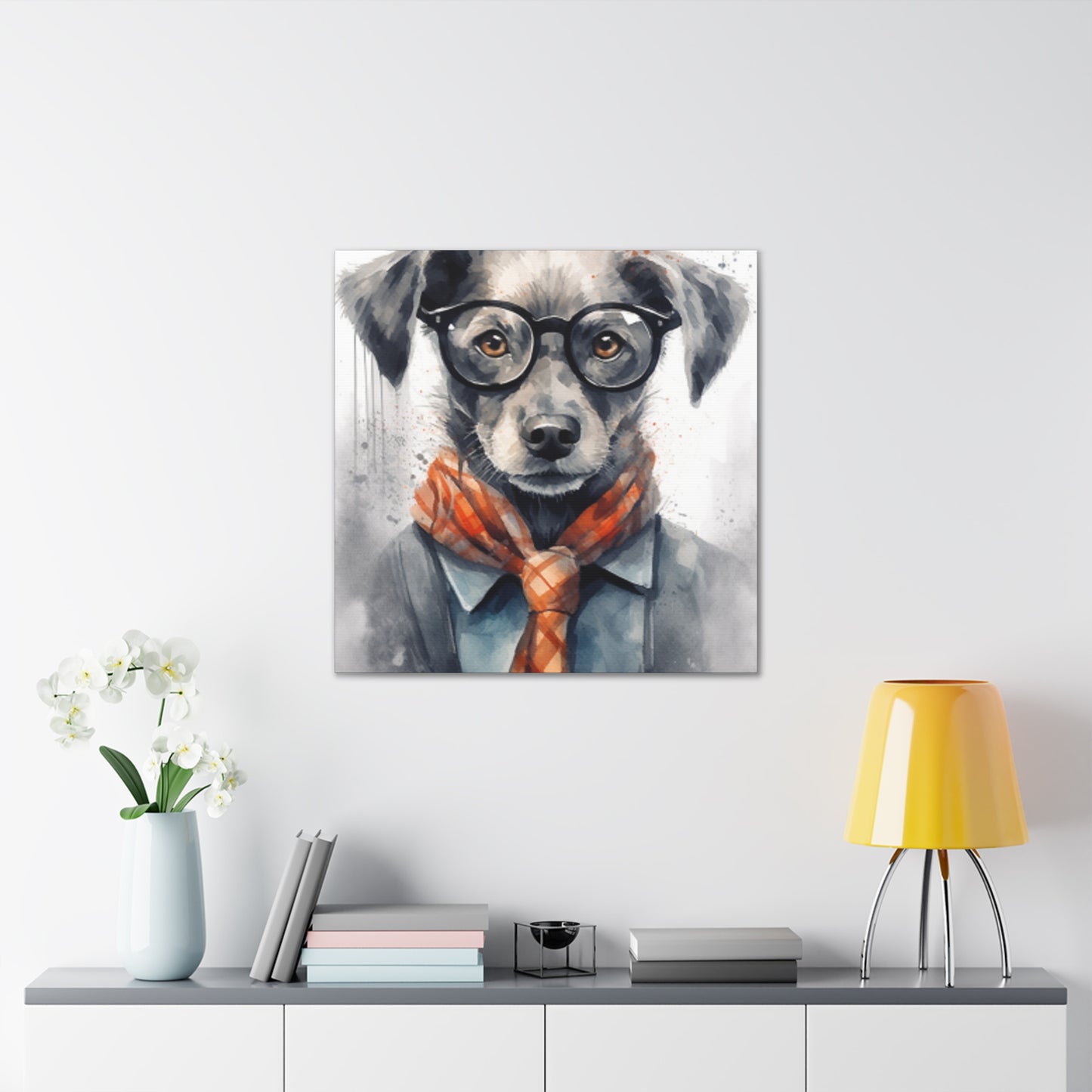 Puppy In Black Glasses, Pops Of Orange- Large Wall Art