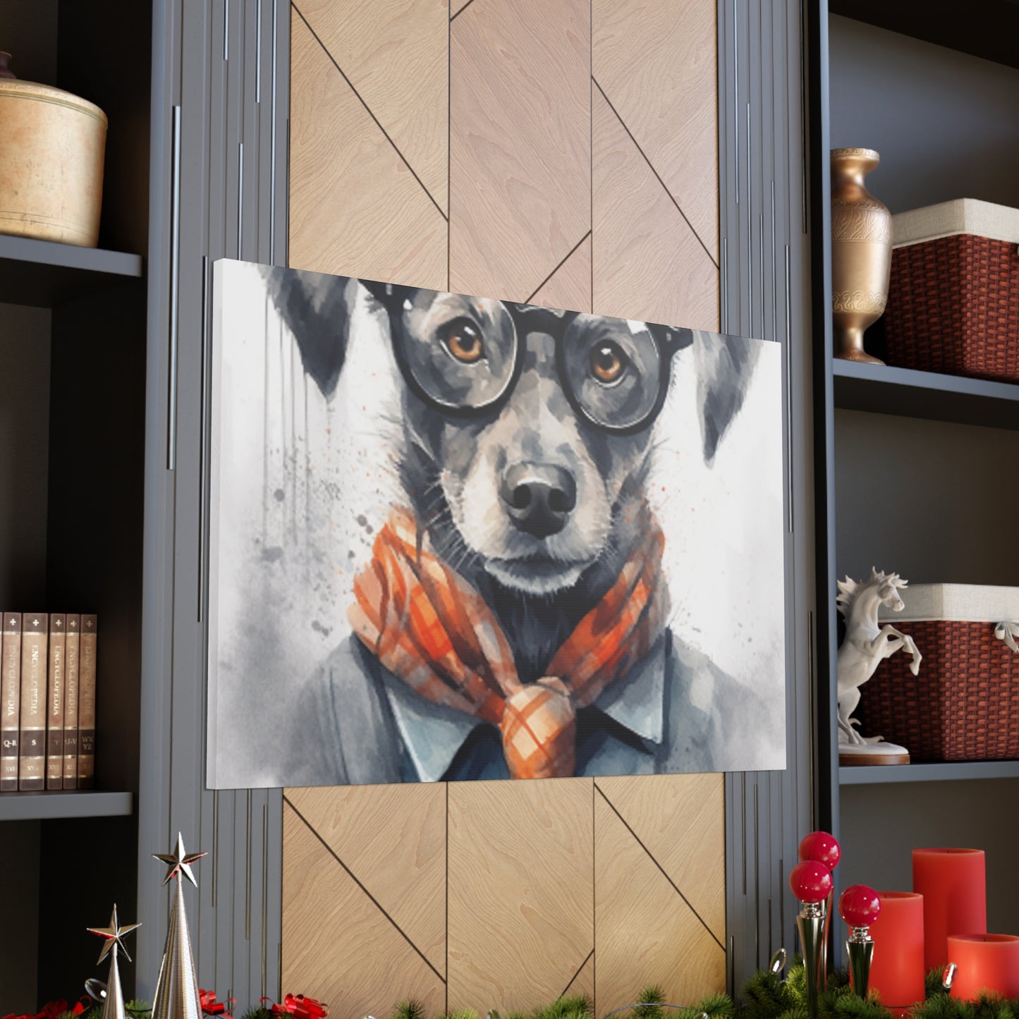 Puppy In Black Glasses, Pops Of Orange- Large Wall Art