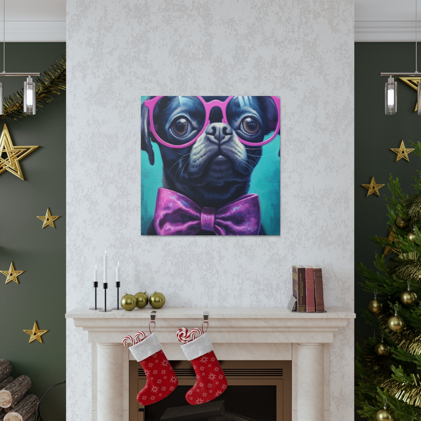 Huge Purple Glasses And Bow Tie On A Black Dog- Large Wall Art