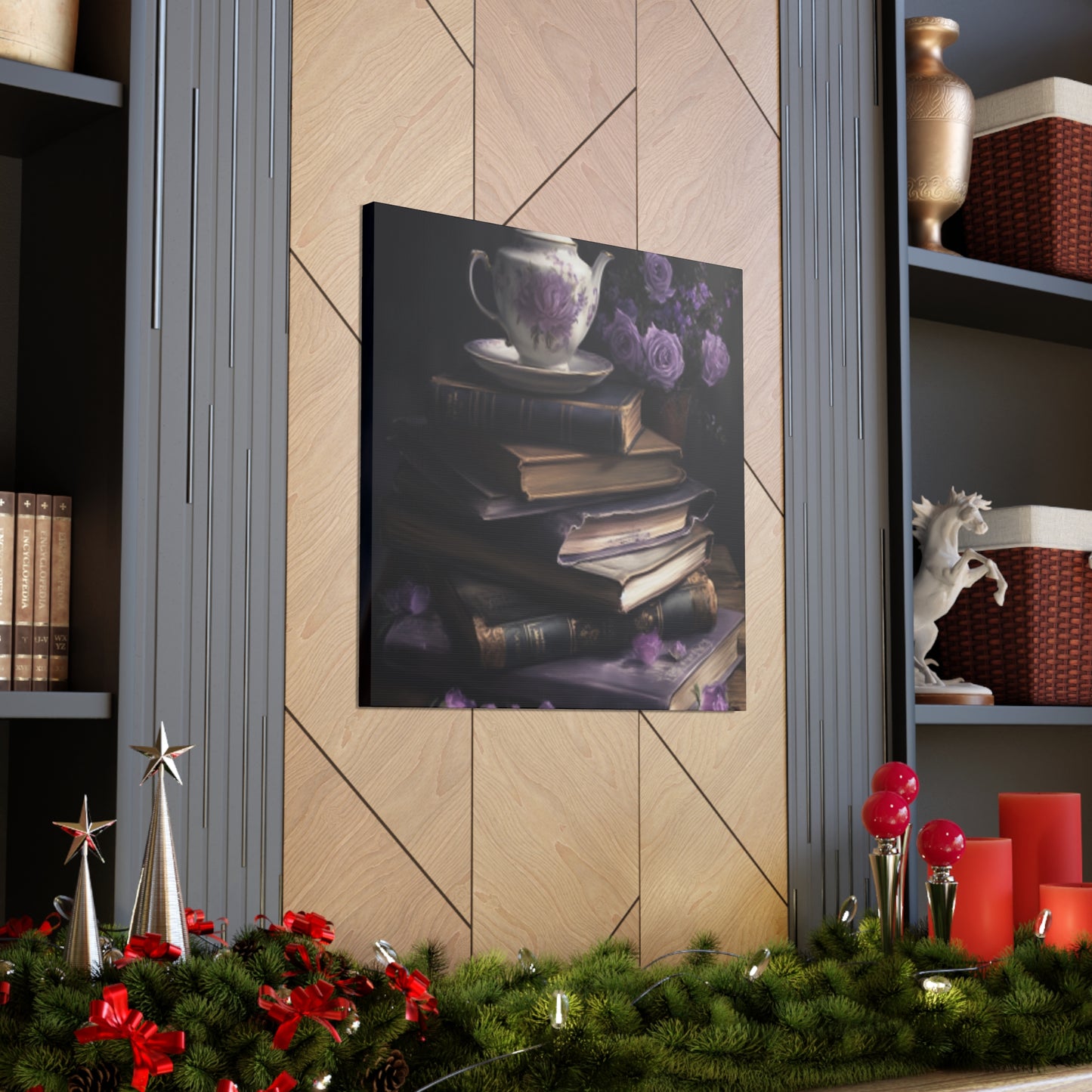 Purple Roses, Teapot And Books - Large Wall Art
