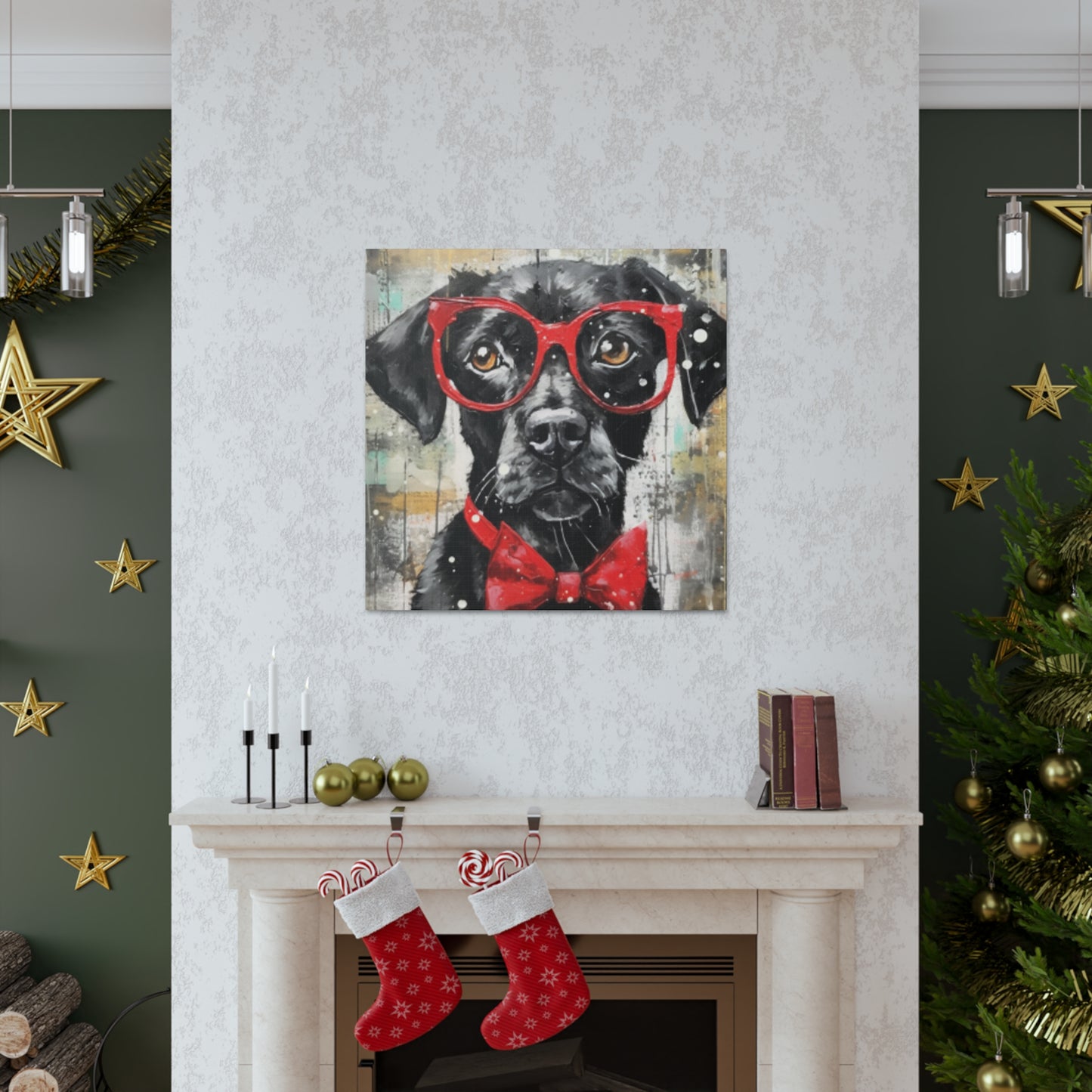 Black Dog, Red Glasses And Red Bow Tie - Large Wall Art