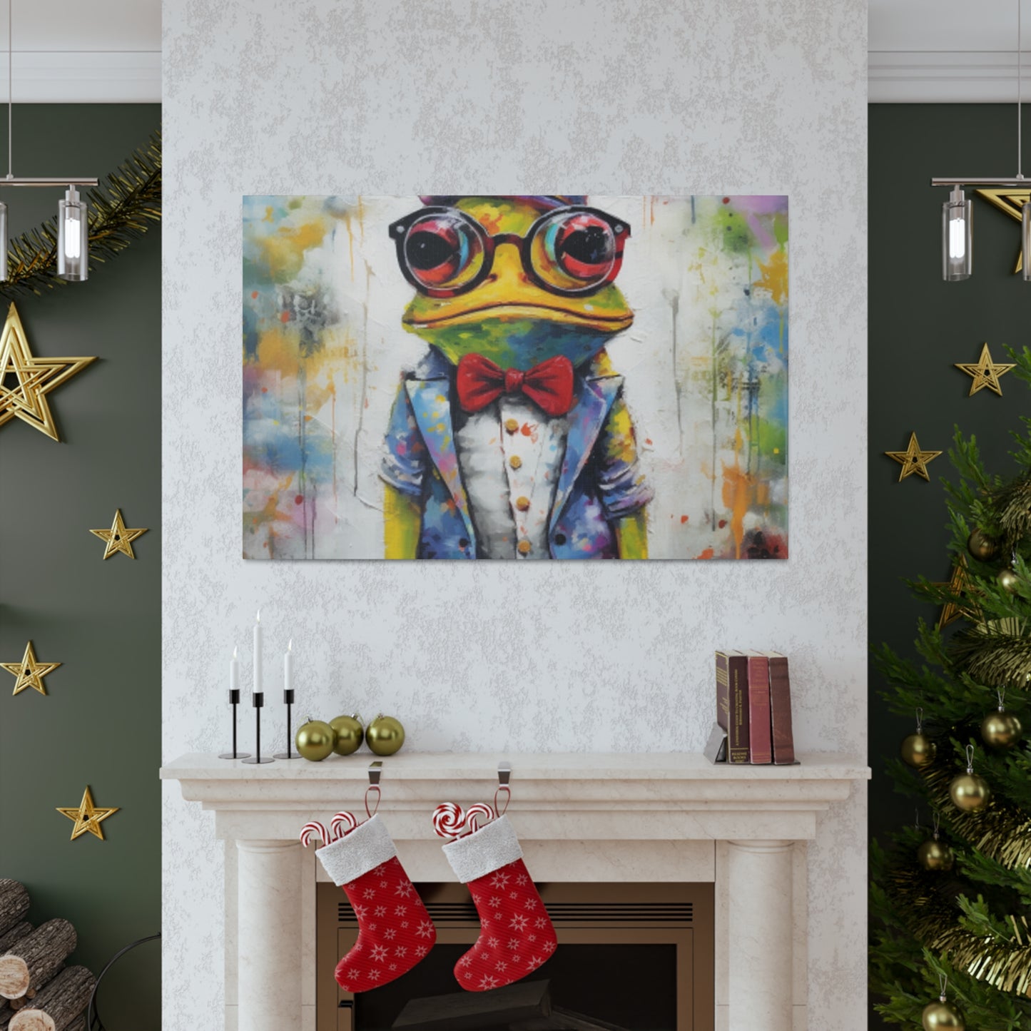 Green Frog Painting In Glasses And Red Bow Tie- Large Wall Art