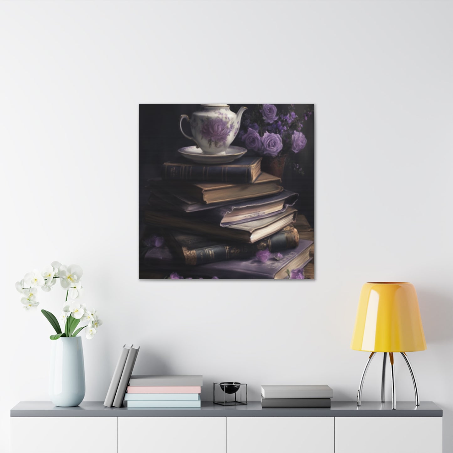 Purple Roses, Teapot And Books - Large Wall Art