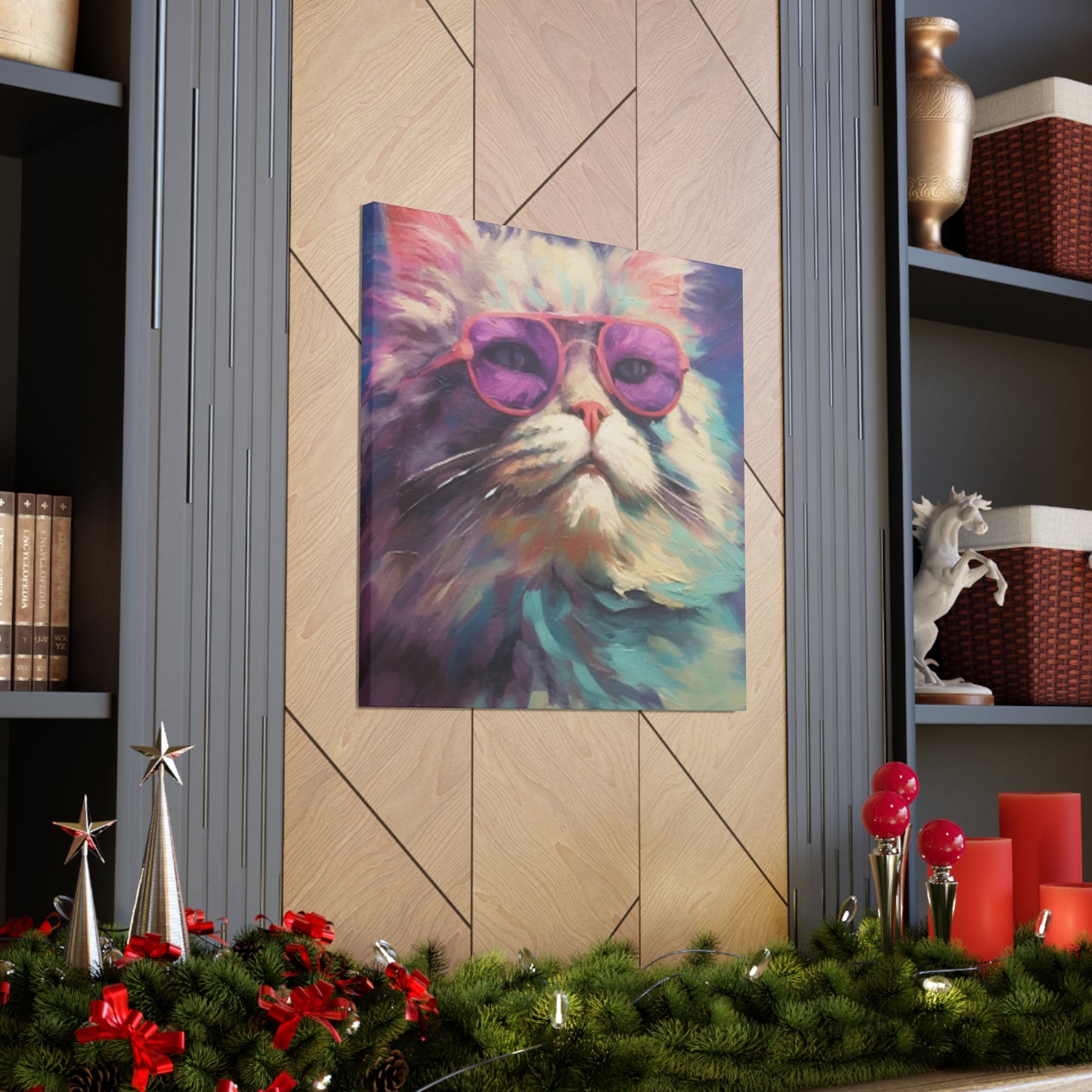 Pastel Furball Cat In Purple Glasses- Large Wall Art
