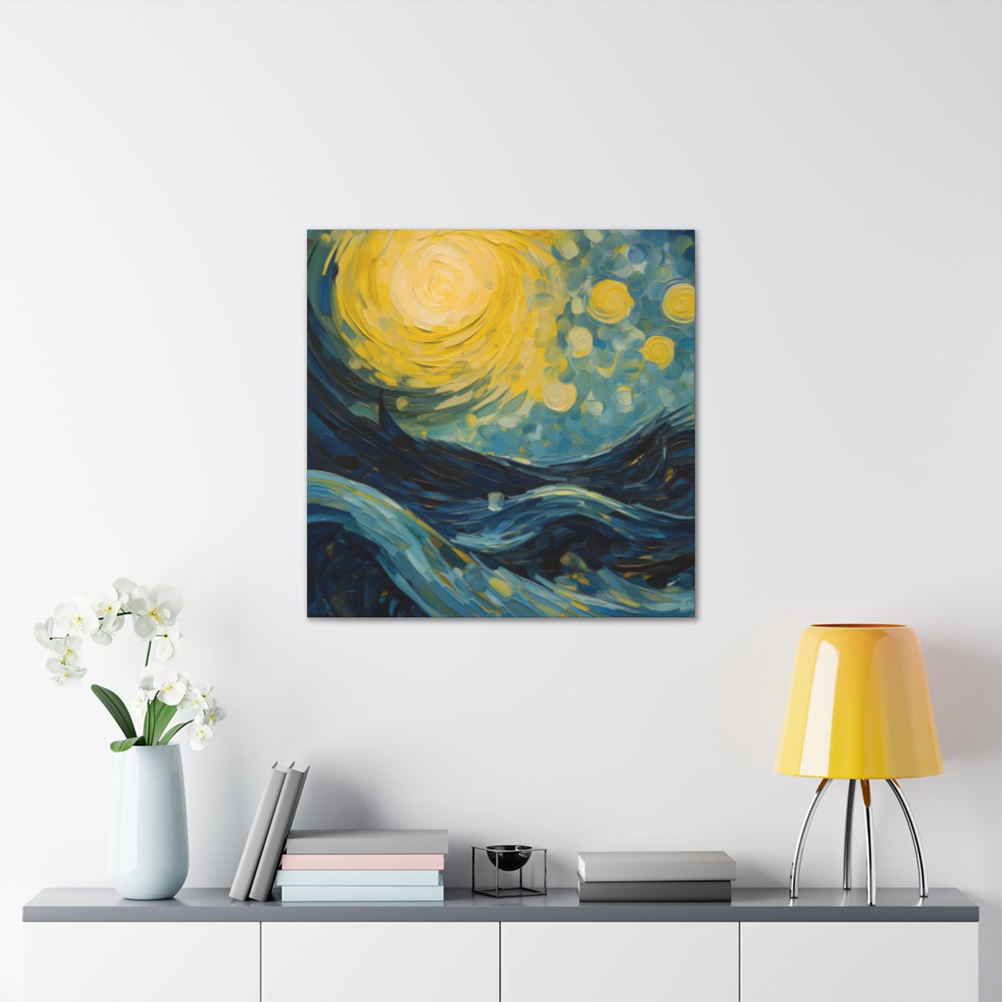 Waves And Full Moon Starry Night Style- Large Wall Art