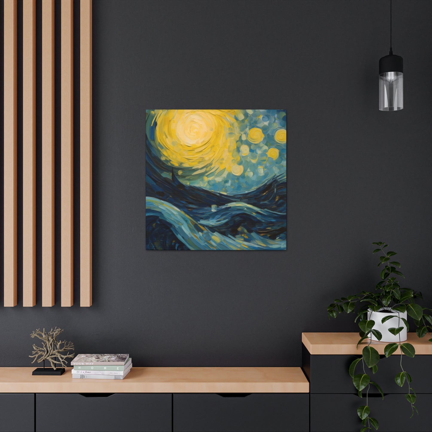 Waves And Full Moon Starry Night Style- Large Wall Art