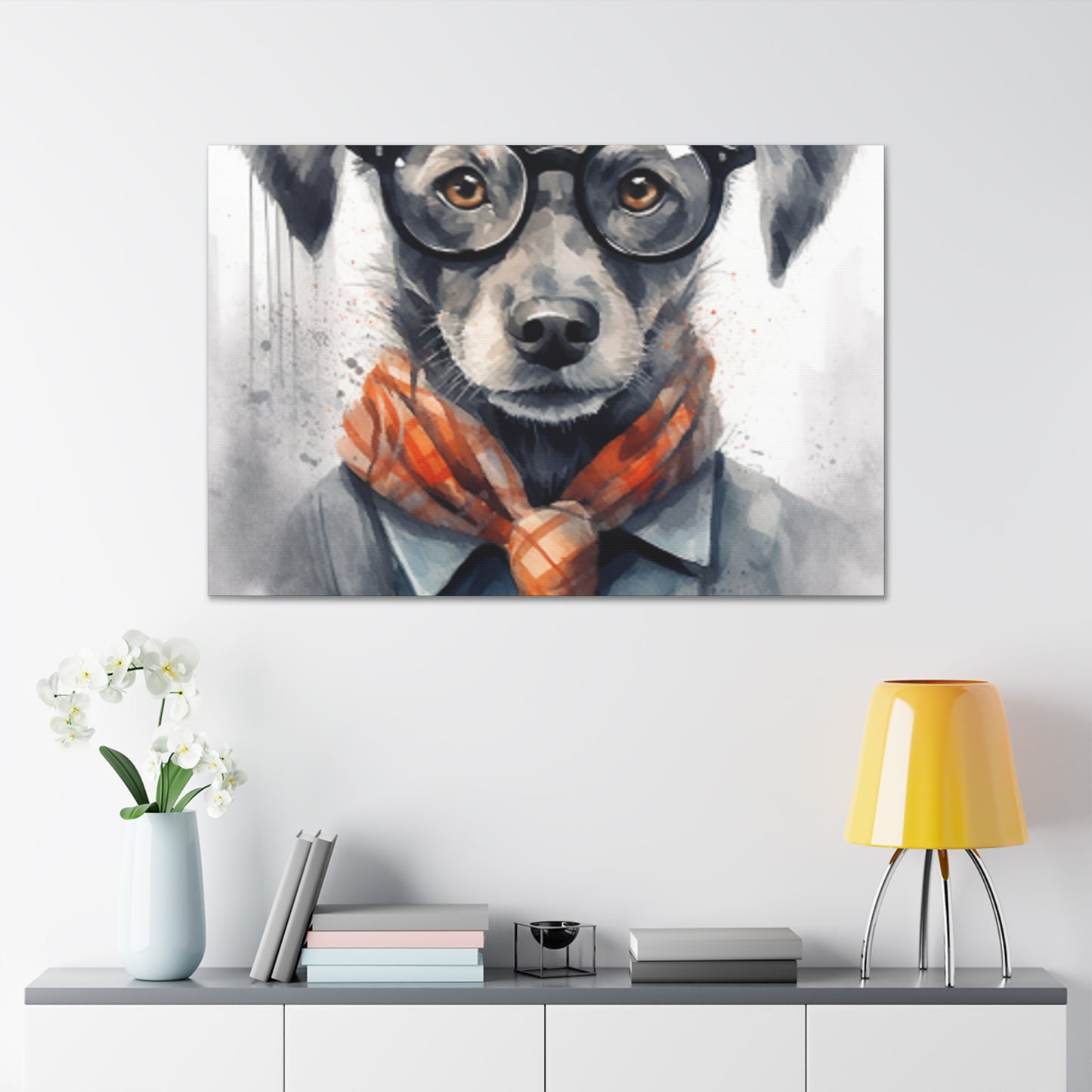 Puppy In Black Glasses, Pops Of Orange- Large Wall Art