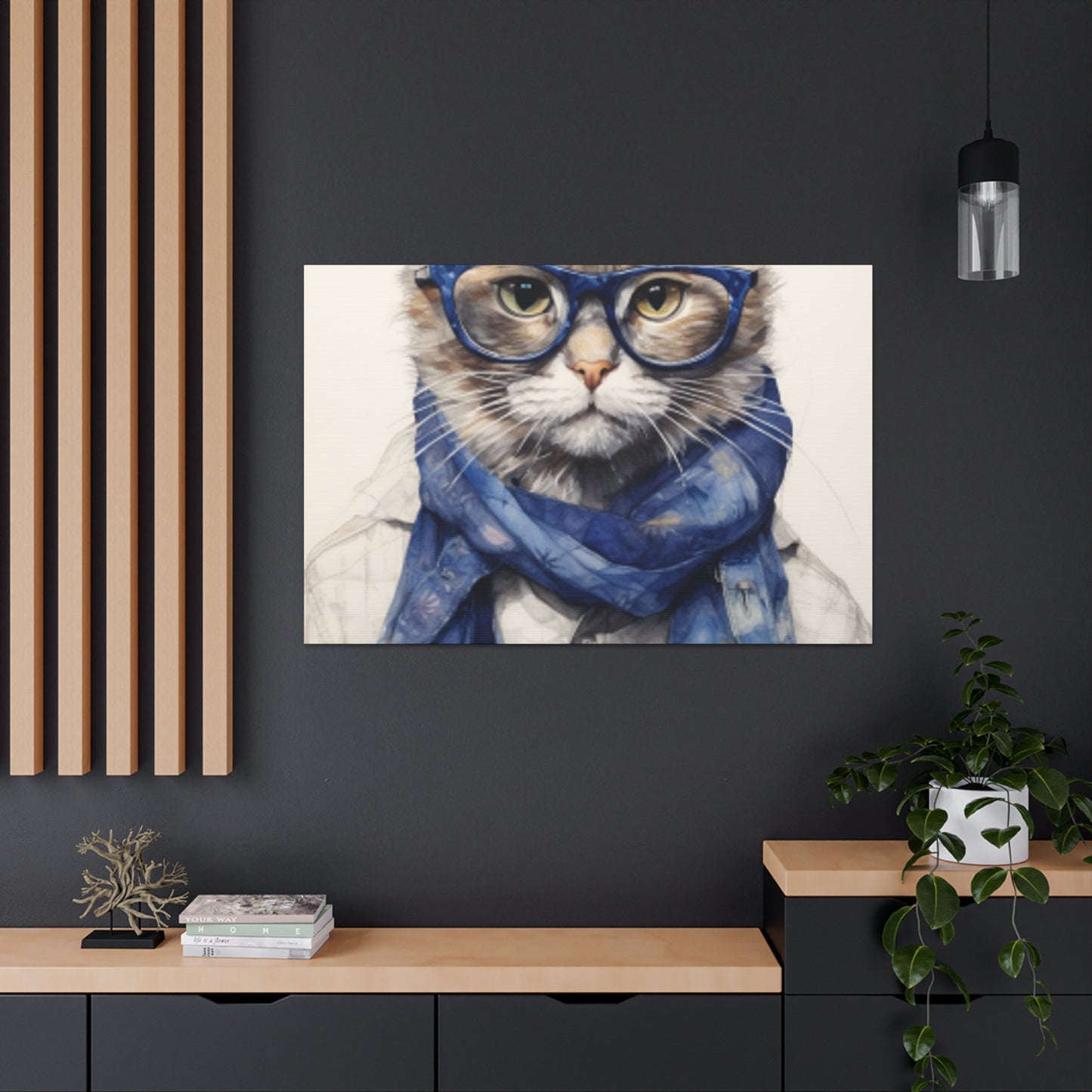Gray Kitty, Blue Glasses And Scarf - Large Wall Art