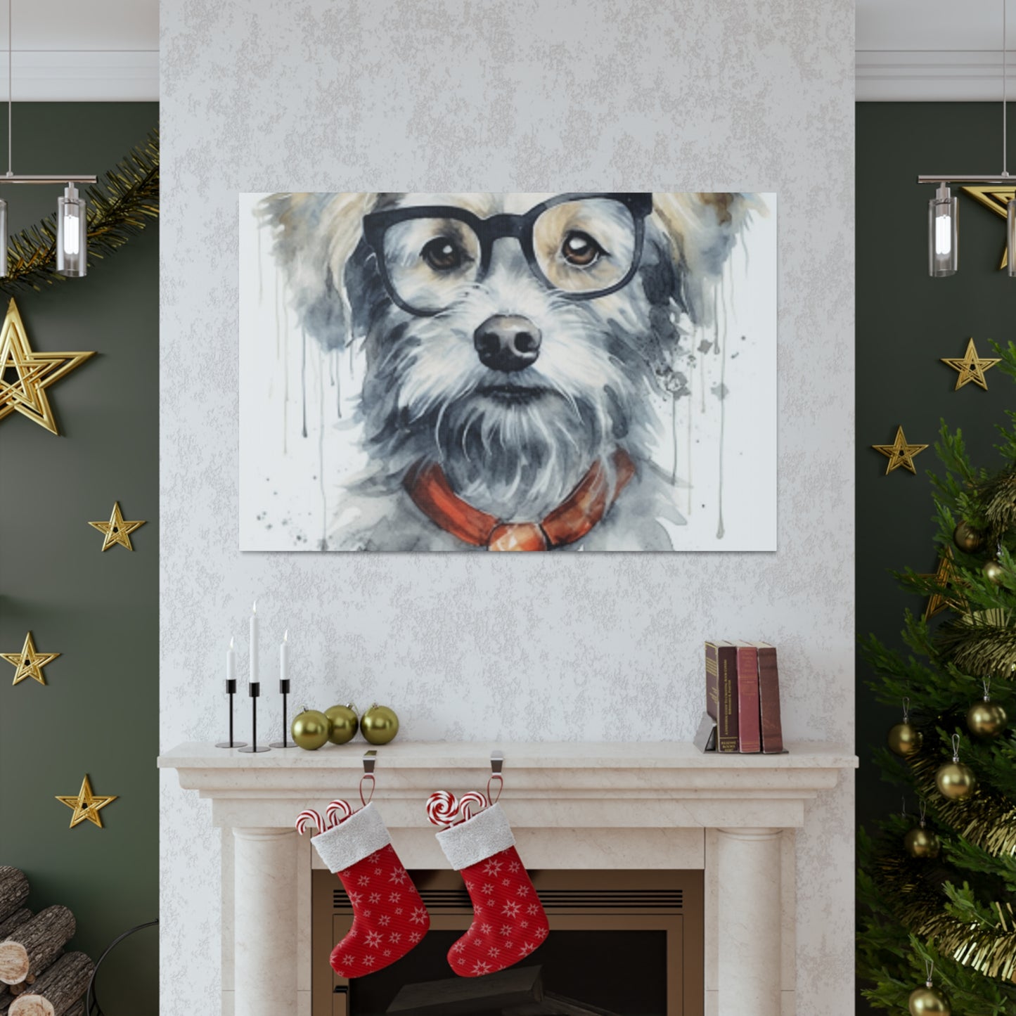 White Dog, Black Glasses, Orange Tie- Large Wall Art