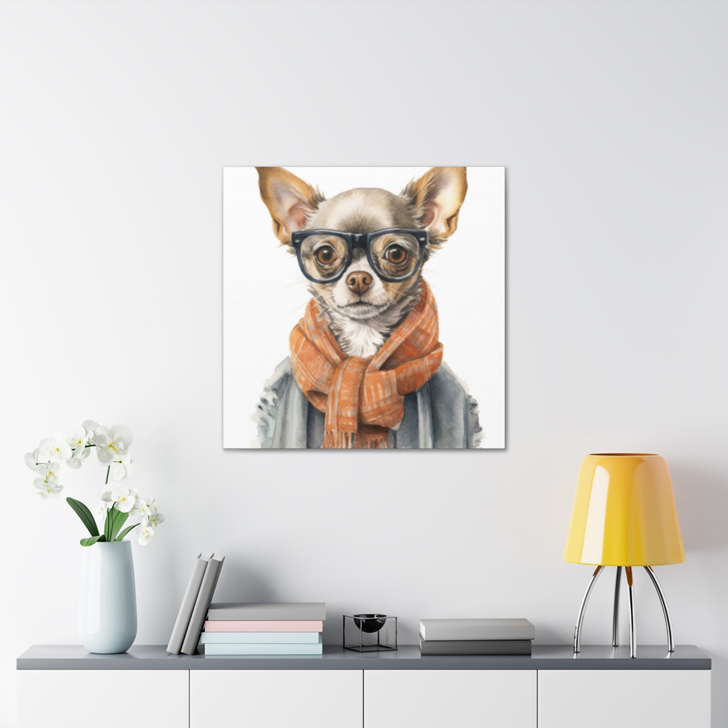 Chihuahua In Glasses And Orange Scarf - Large Wall Art