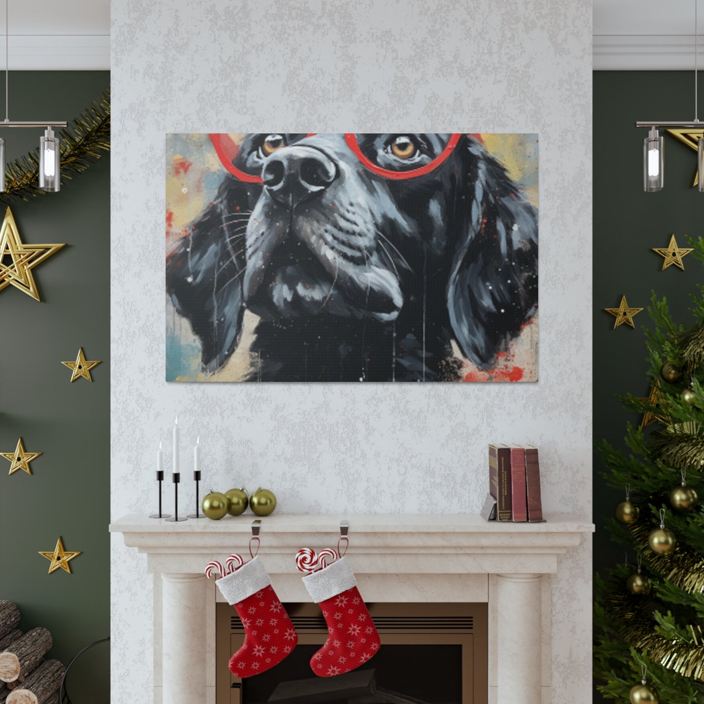 Black Dog In Red Glasses And Red Collar - Large Wall Art