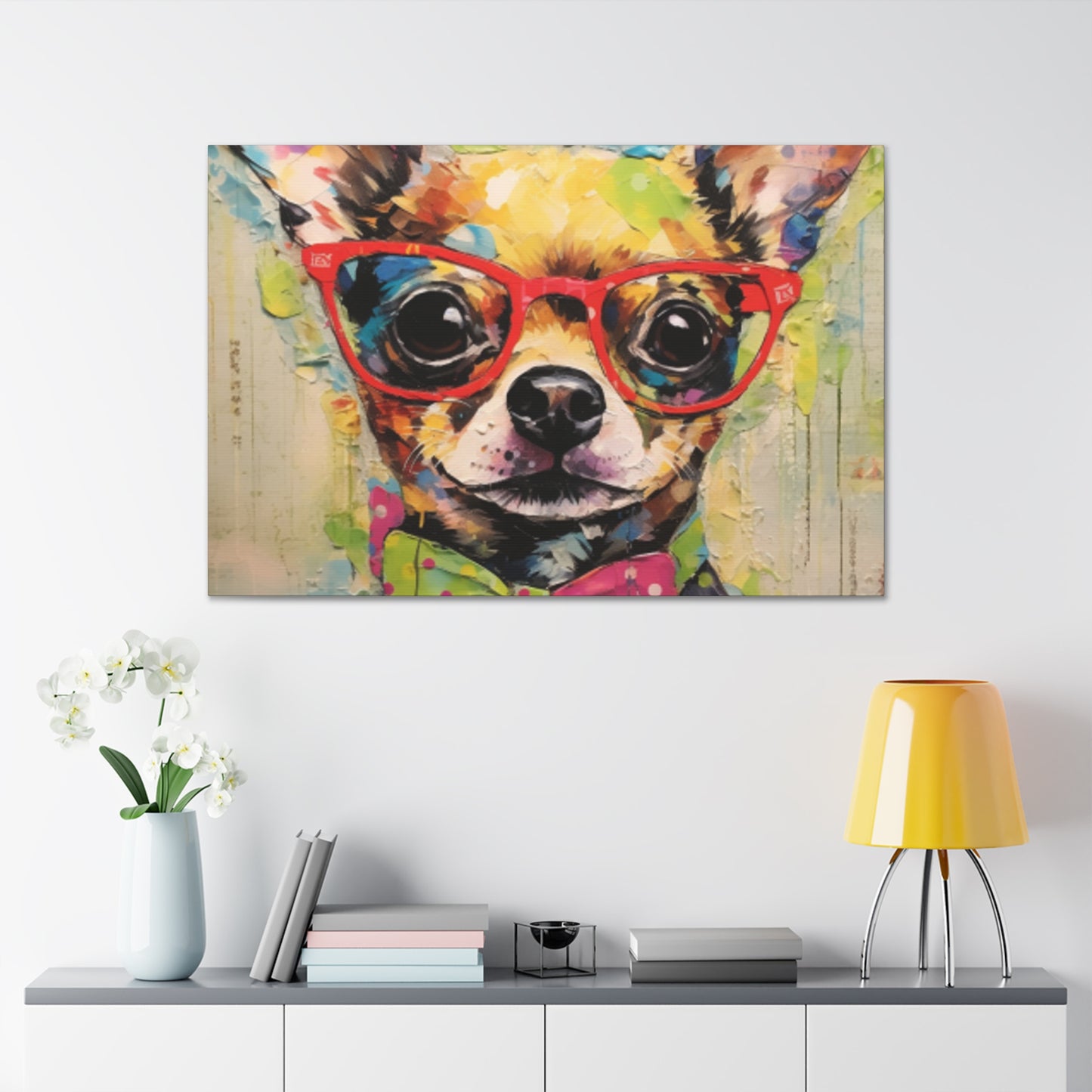 Nerdy Chihuahua In Red Glasses And Yellow And Pink Bow Tie - Large Wall Art