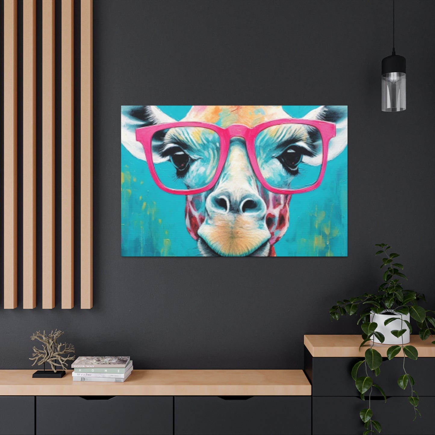 Happy Giraffe In Big Pink Glasses With Bright Blue Background - Large Wall Art