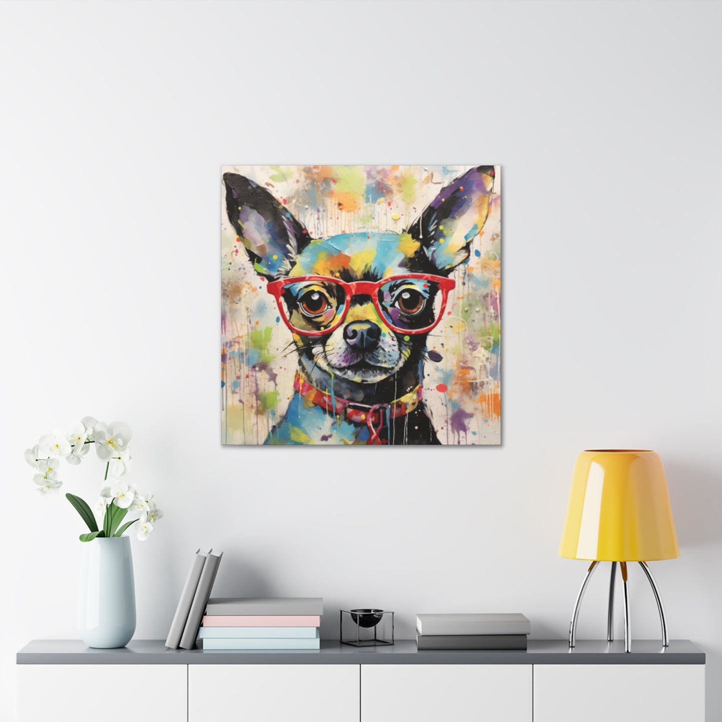 Colorful Painting Of Chihuahua In Red Glasses - Large Wall Art