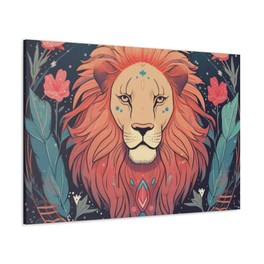 Lofi Style Leo With Flowers And Feathers - Large Wall Art