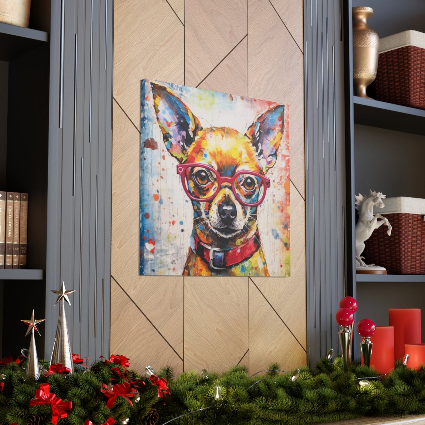 Painting Of A Chihuahua In Red Collar And Glasses With Multi Color Paint Spots - Large Wall Art