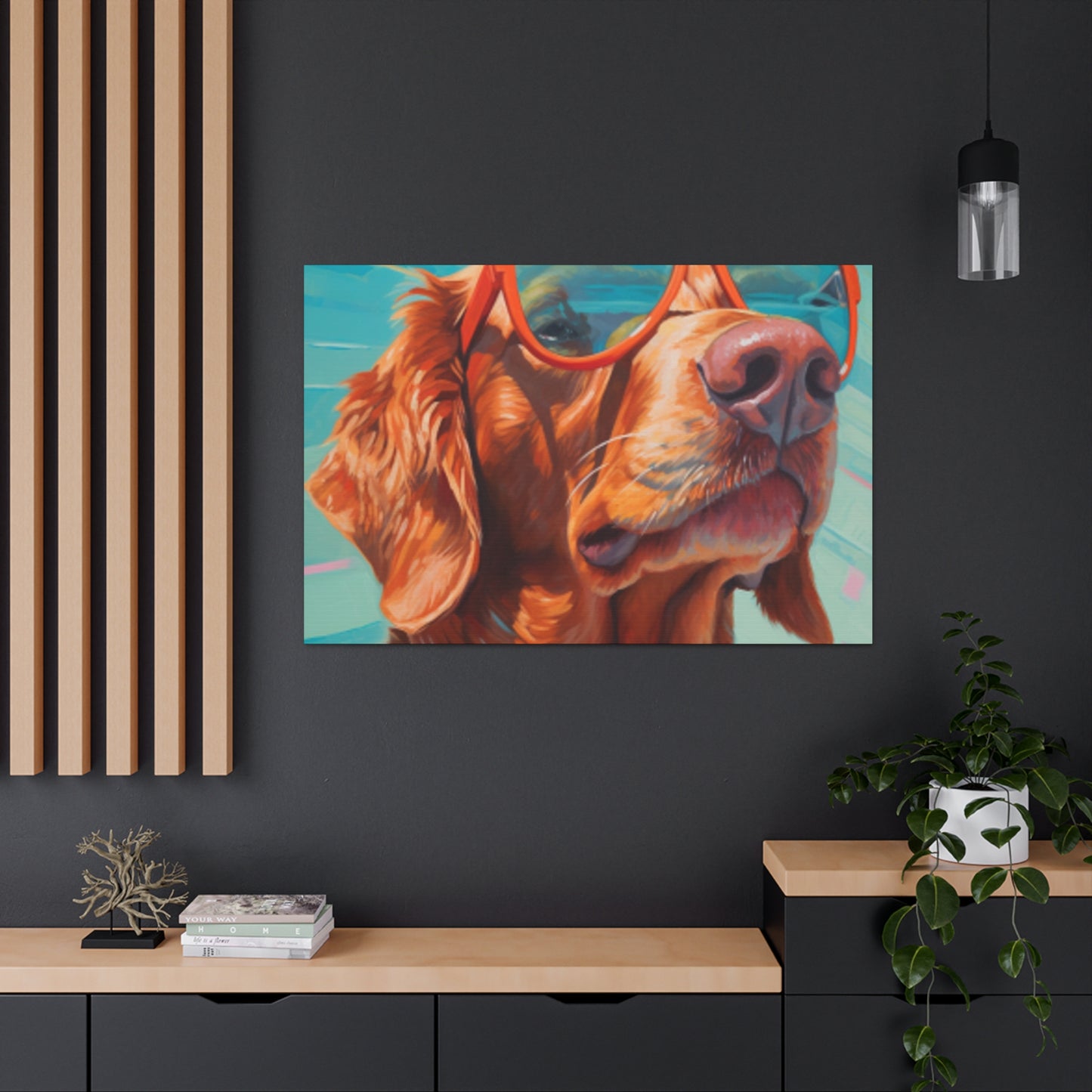 Golden Retriever In Orange Glasses Looking Yonder - Large Wall Art
