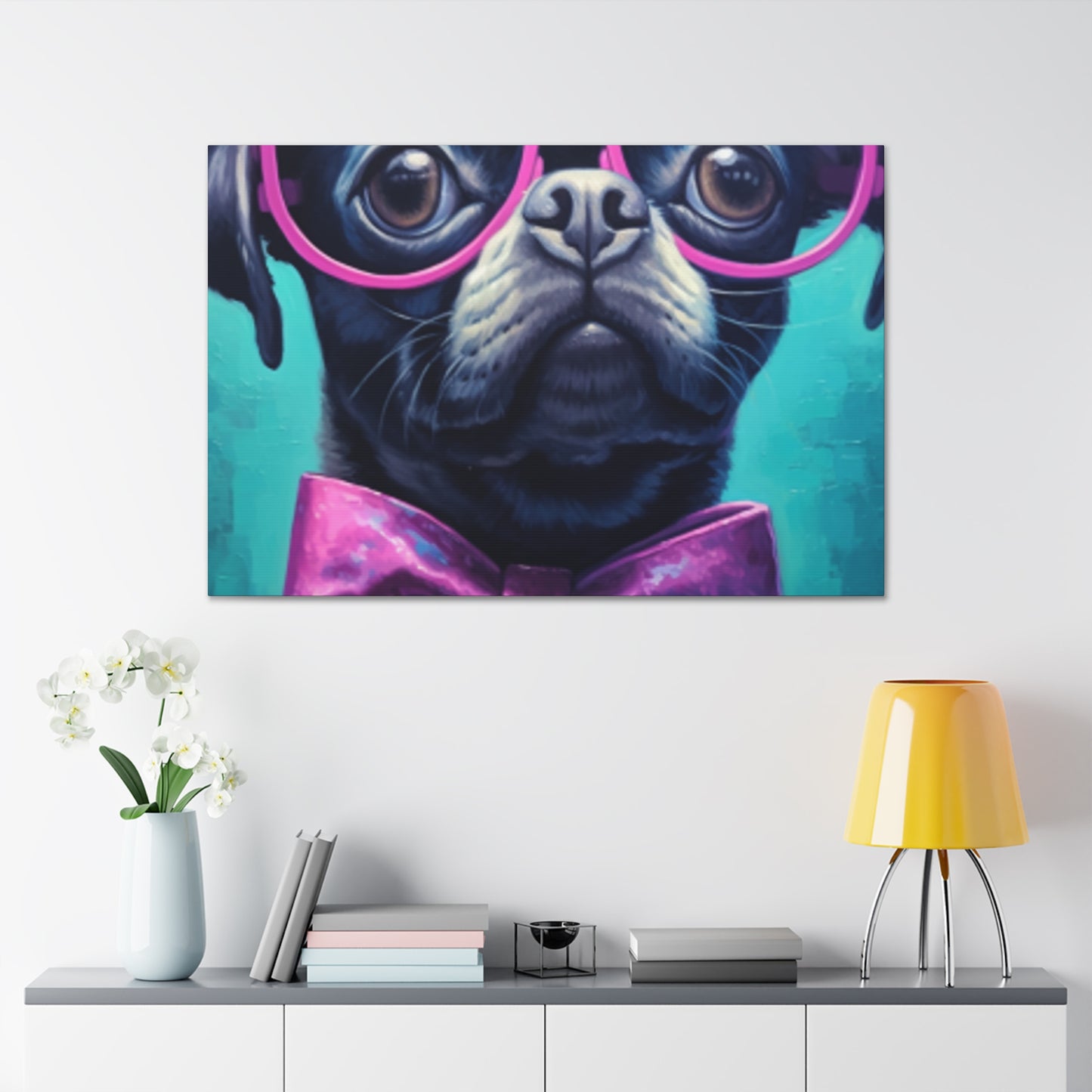 Huge Purple Glasses And Bow Tie On A Black Dog- Large Wall Art