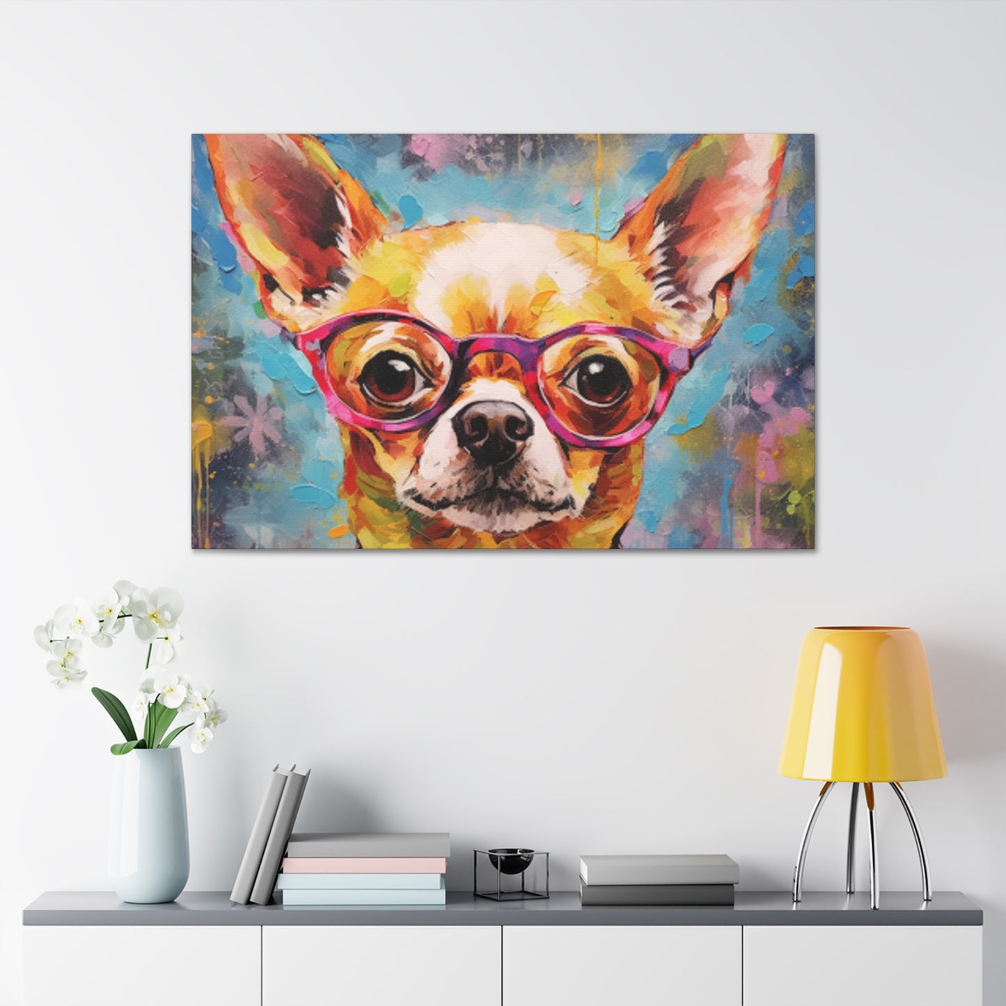 Happy Chihuahua In Purple Glasses - Large Wall Art