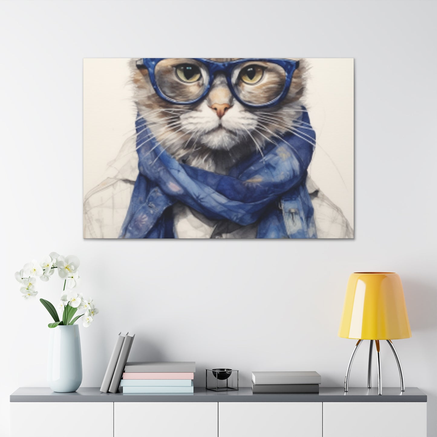 Gray Kitty, Blue Glasses And Scarf - Large Wall Art