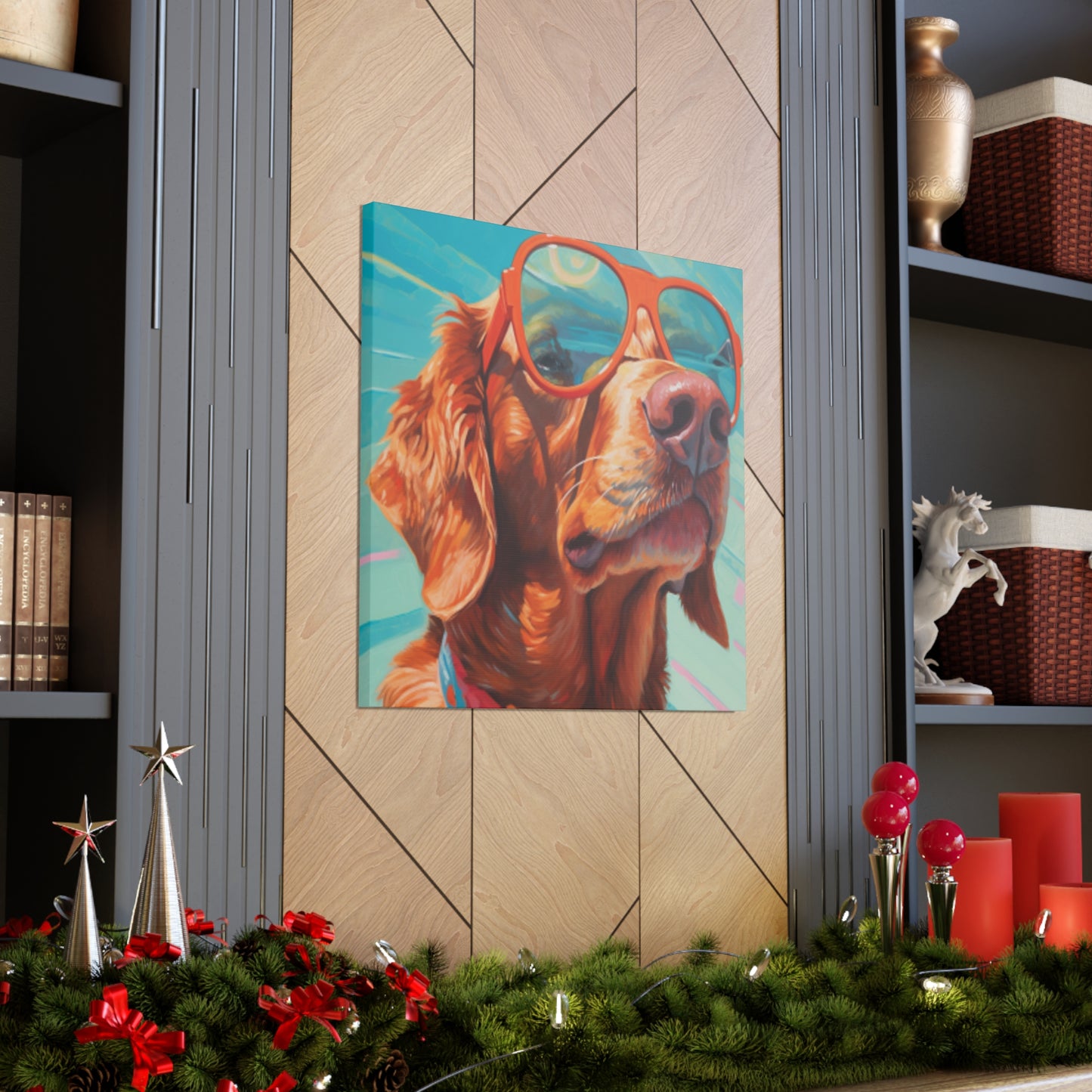 Golden Retriever In Orange Glasses Looking Yonder - Large Wall Art