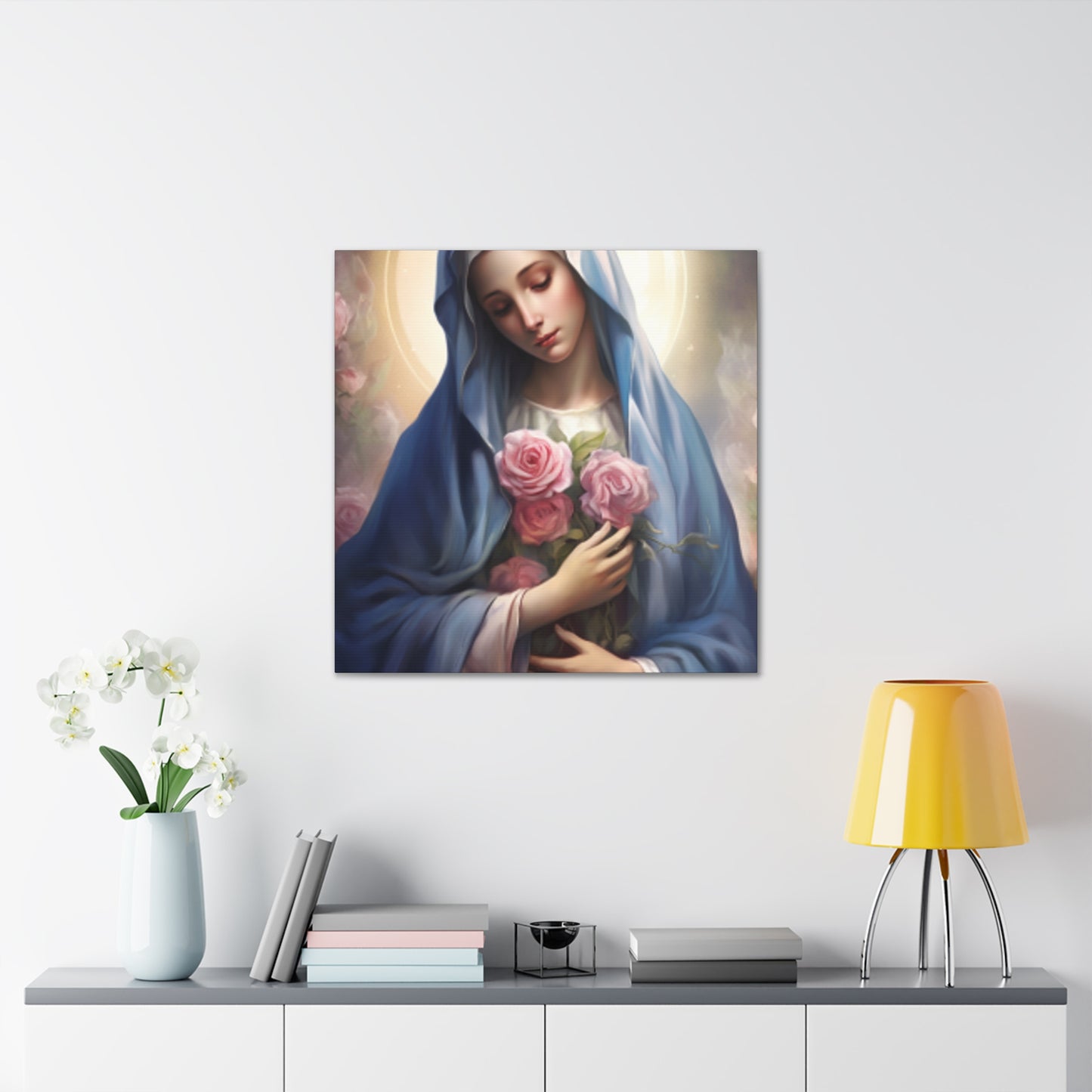 Heavenly Glow Around The Virgin Mary Holding Pink Roses - Large Wall Art