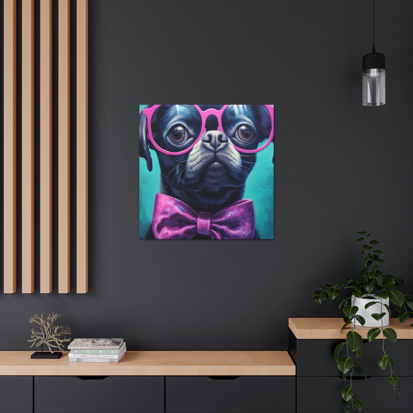 Huge Purple Glasses And Bow Tie On A Black Dog- Large Wall Art