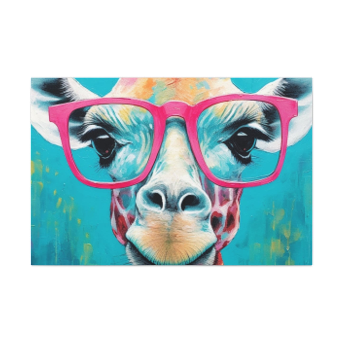 Happy Giraffe In Big Pink Glasses With Bright Blue Background - Large Wall Art