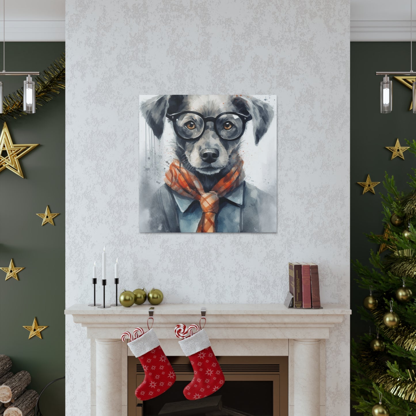 Puppy In Black Glasses, Pops Of Orange- Large Wall Art
