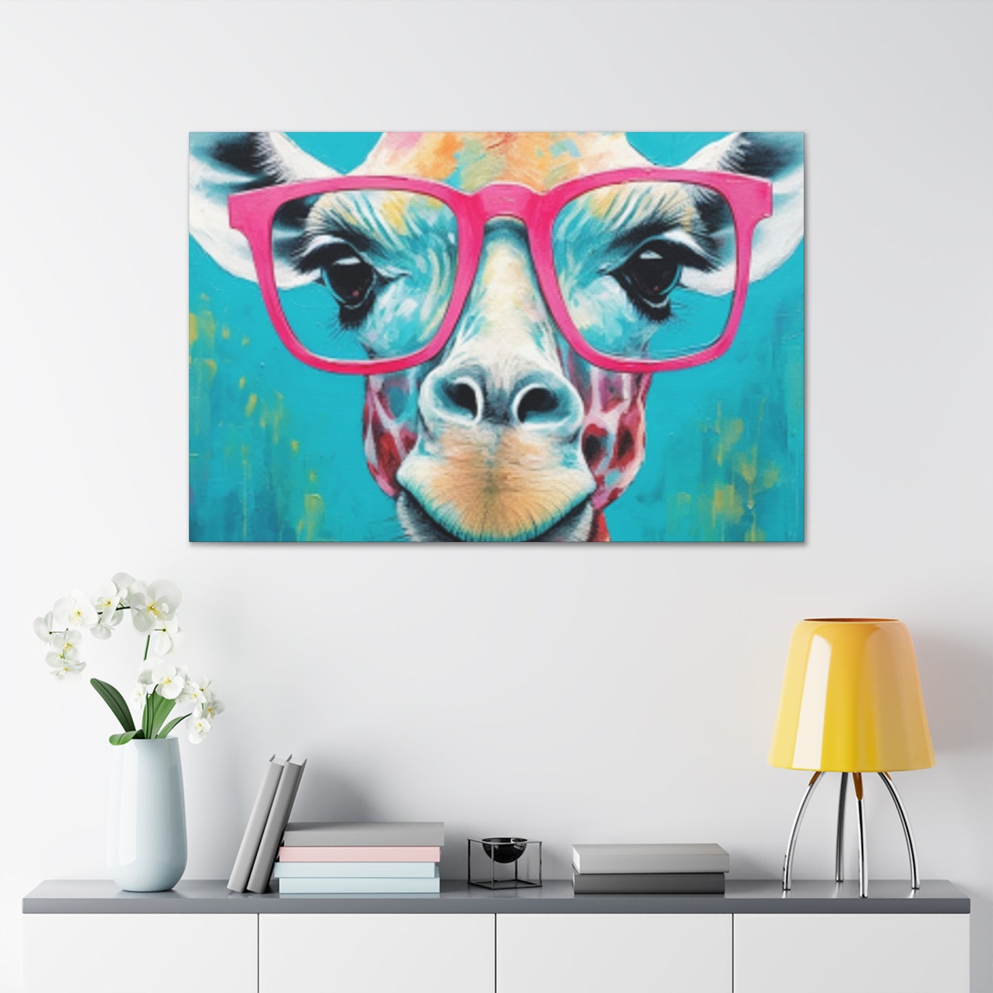 Happy Giraffe In Big Pink Glasses With Bright Blue Background - Large Wall Art