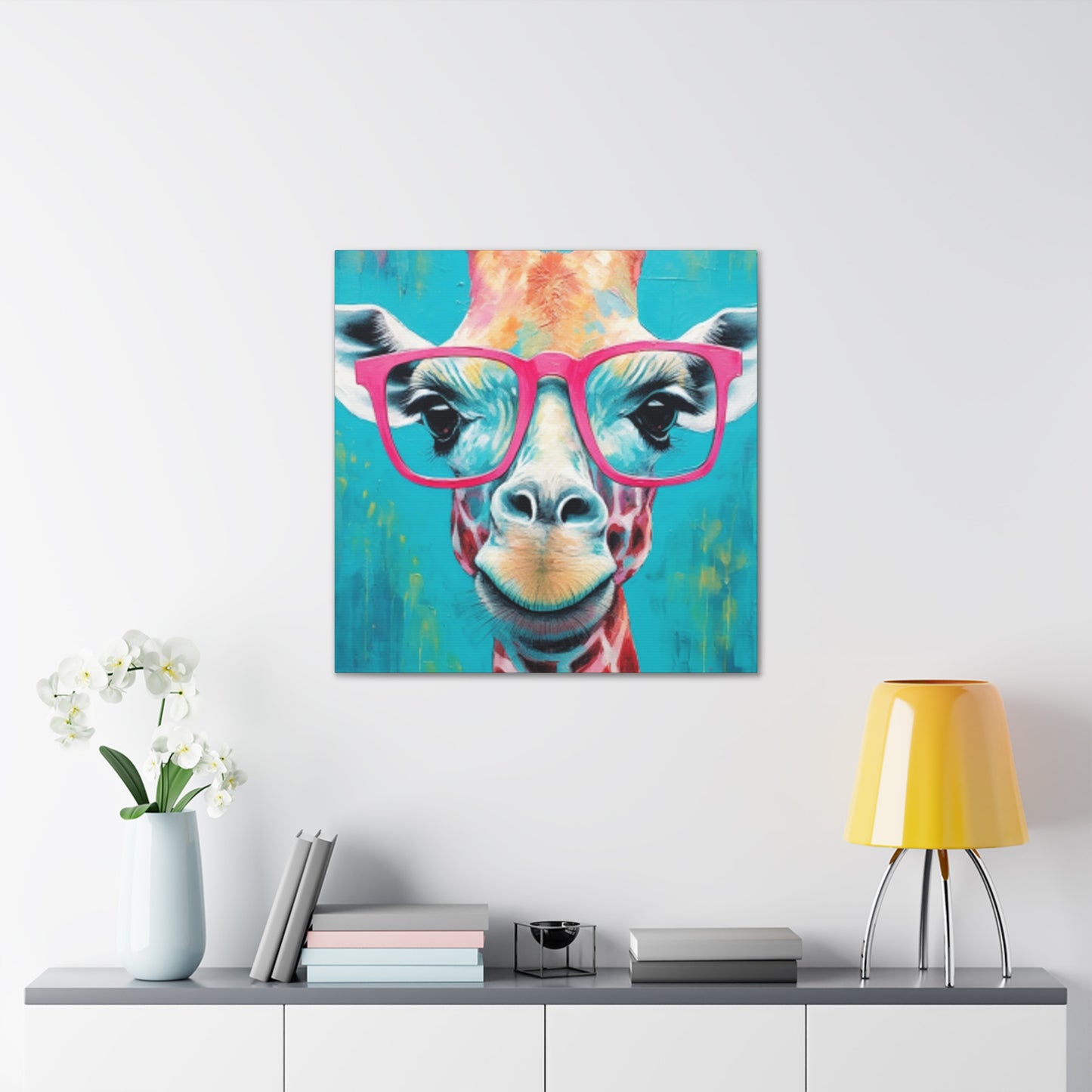 Happy Giraffe In Big Pink Glasses With Bright Blue Background - Large Wall Art