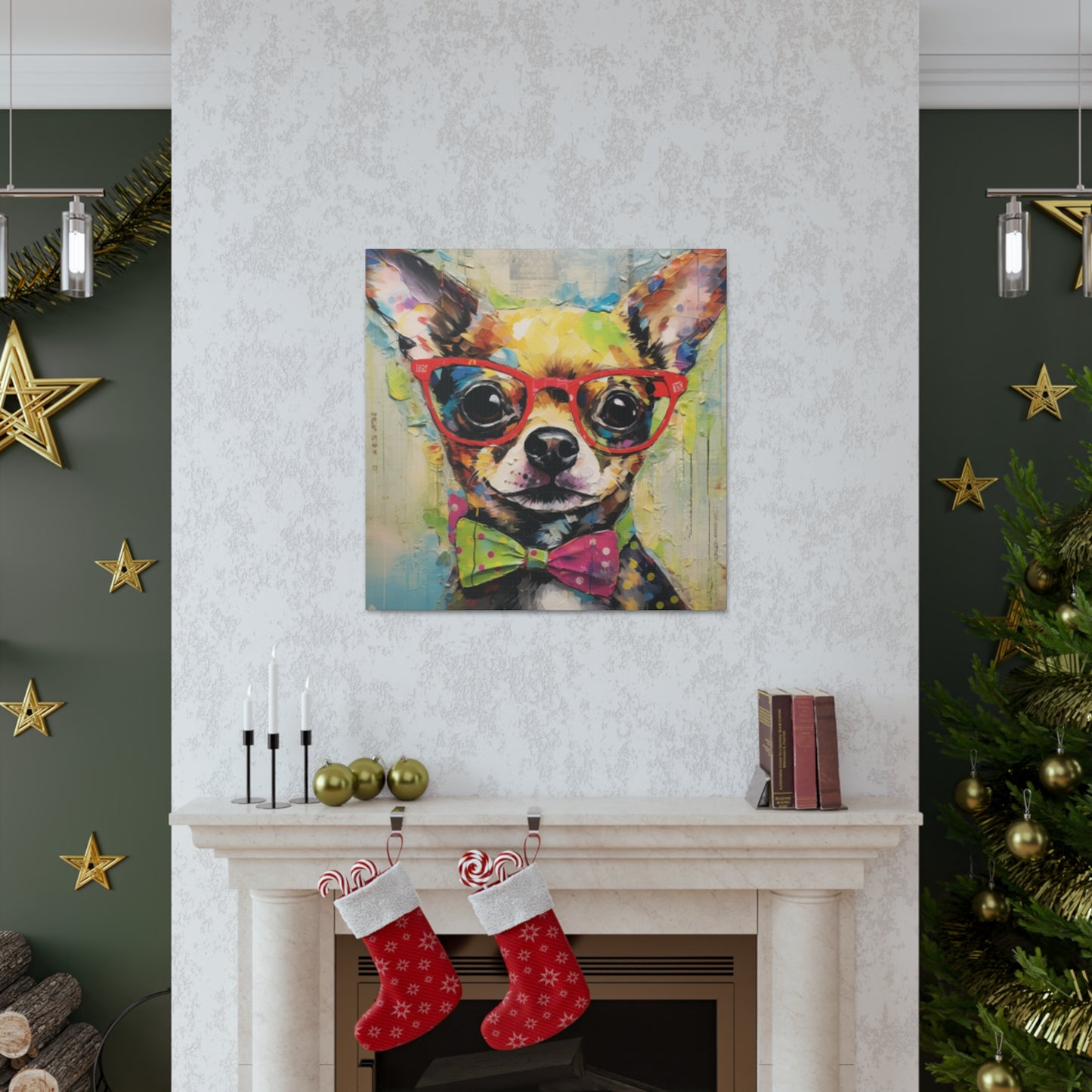 Nerdy Chihuahua In Red Glasses And Yellow And Pink Bow Tie - Large Wall Art
