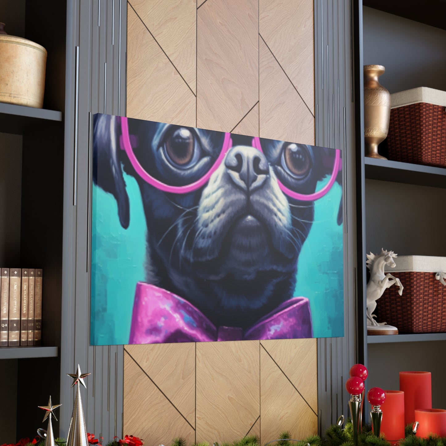 Huge Purple Glasses And Bow Tie On A Black Dog- Large Wall Art