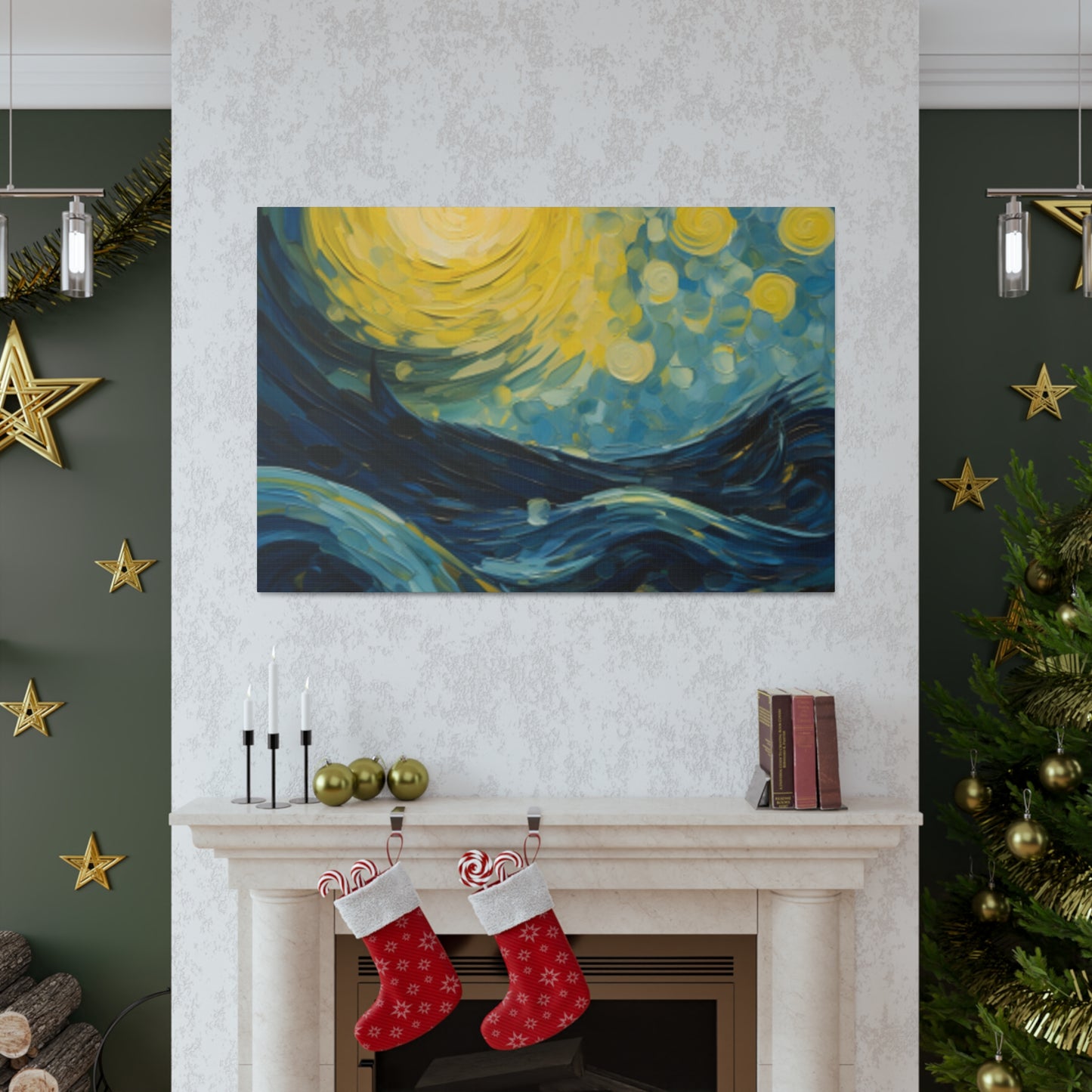 Waves And Full Moon Starry Night Style- Large Wall Art
