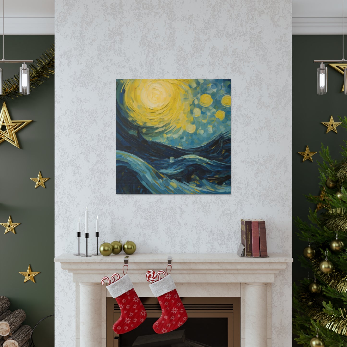 Waves And Full Moon Starry Night Style- Large Wall Art