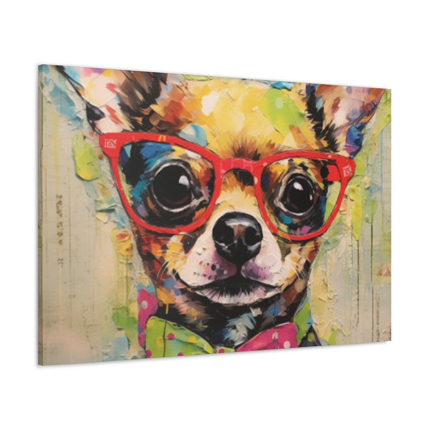 Nerdy Chihuahua In Red Glasses And Yellow And Pink Bow Tie - Large Wall Art
