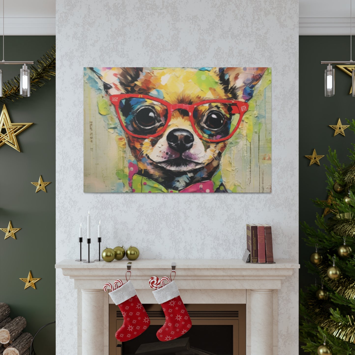 Nerdy Chihuahua In Red Glasses And Yellow And Pink Bow Tie - Large Wall Art
