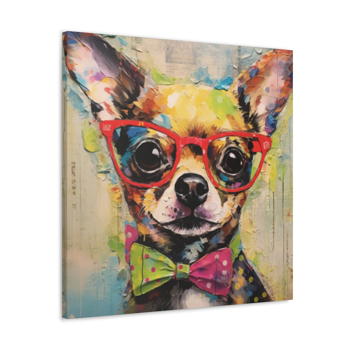 Nerdy Chihuahua In Red Glasses And Yellow And Pink Bow Tie - Large Wall Art
