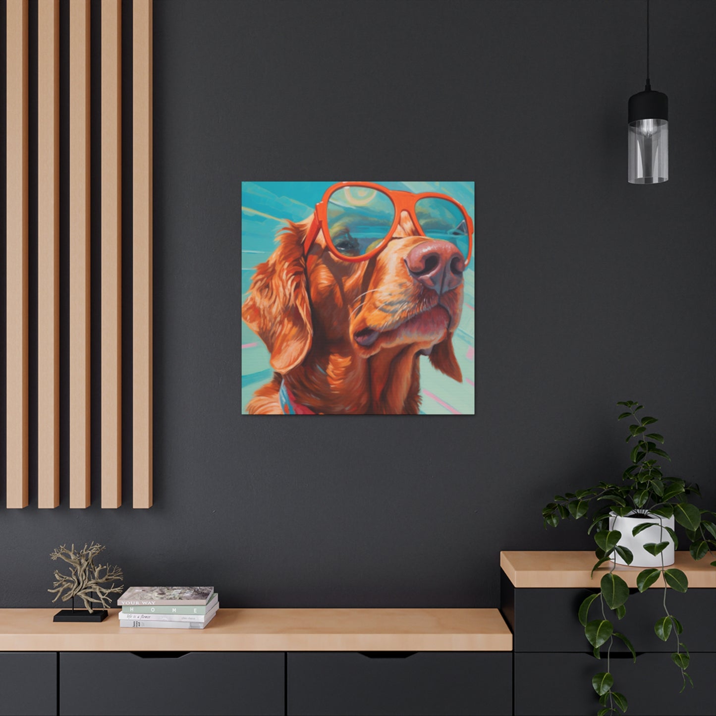 Golden Retriever In Orange Glasses Looking Yonder - Large Wall Art