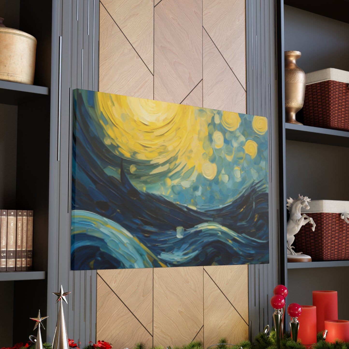 Waves And Full Moon Starry Night Style- Large Wall Art