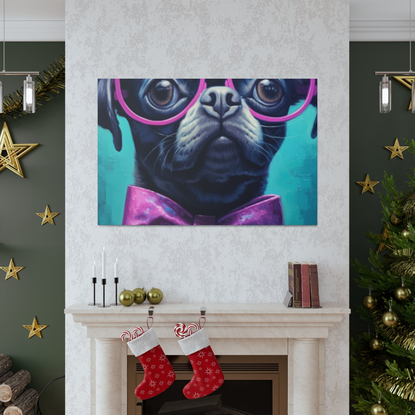 Huge Purple Glasses And Bow Tie On A Black Dog- Large Wall Art