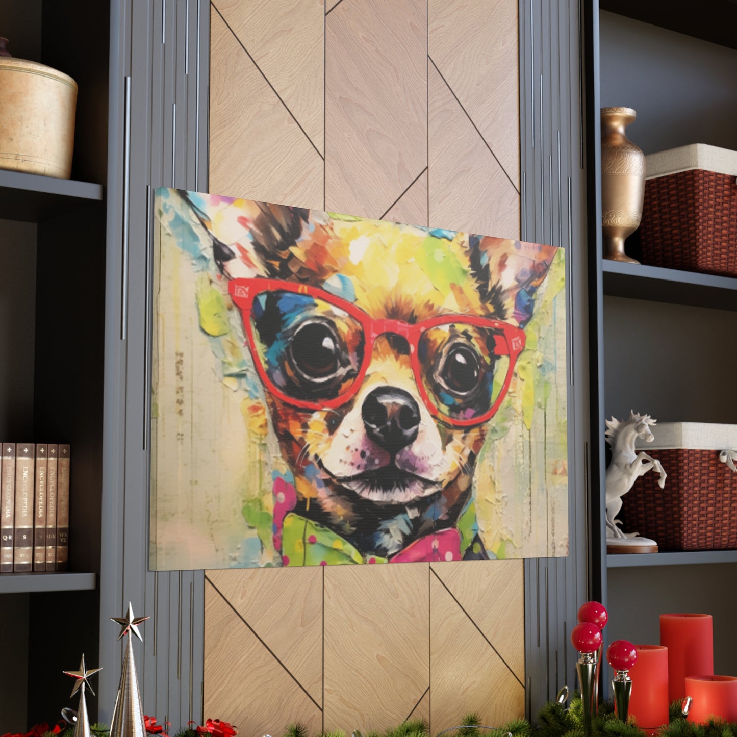 Nerdy Chihuahua In Red Glasses And Yellow And Pink Bow Tie - Large Wall Art